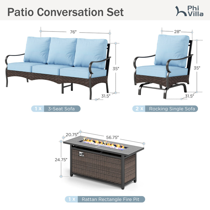 Phi Villa 5-Seater Outdoor Steel & Rattan Sofa Set With Rectangle Fire Pit Table