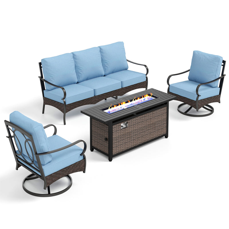 Phi Villa 5-Seater Outdoor Steel & Rattan Sofa Set With Rectangle Fire Pit Table