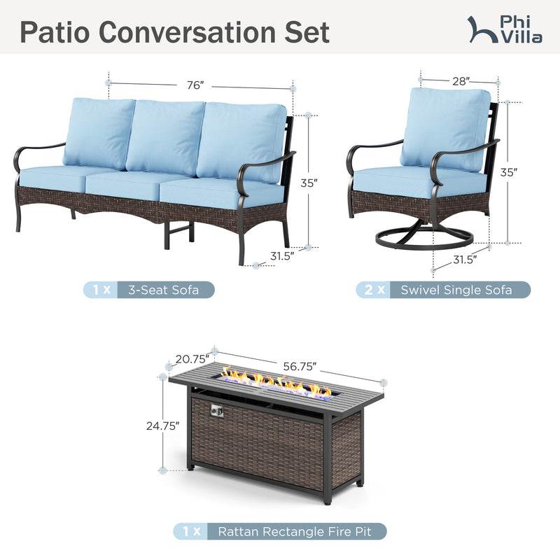 Phi Villa 5-Seater Outdoor Steel & Rattan Sofa Set With Rectangle Fire Pit Table