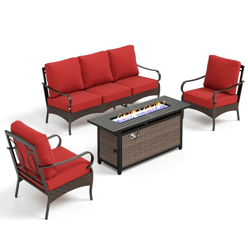 Phi Villa 5-Seater Outdoor Steel & Rattan Sofa Set With Rectangle Fire Pit Table