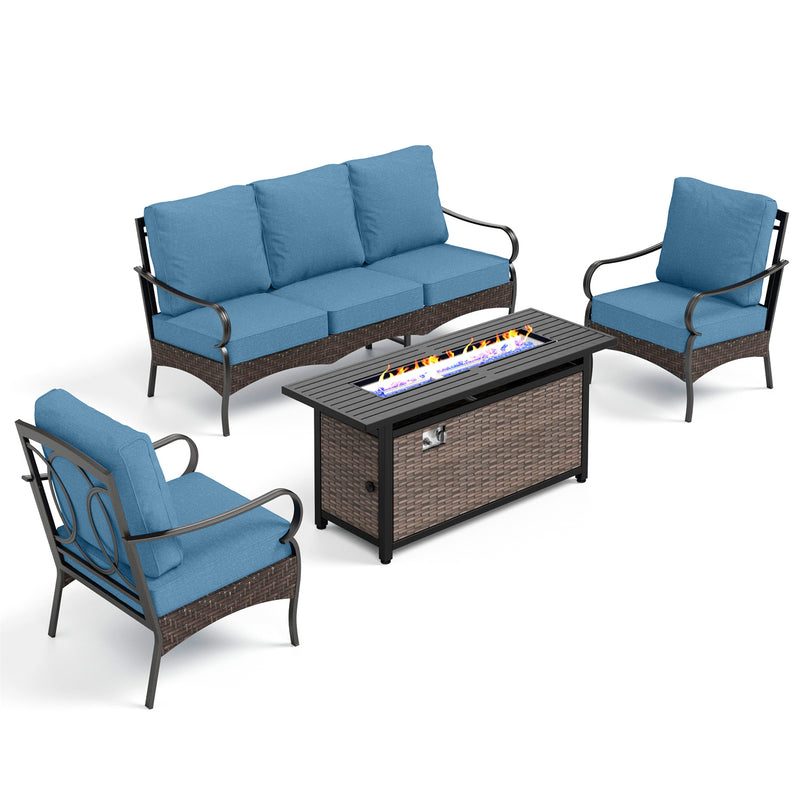 Phi Villa 5-Seater Outdoor Steel & Rattan Sofa Set With Rectangle Fire Pit Table