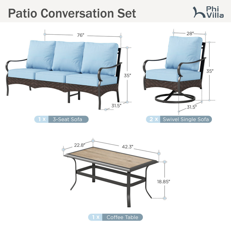Phi Villa 5-Seater Outdoor Steel & Rattan Sofa Set With Coffee Table