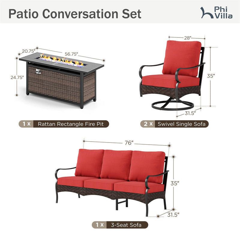 Phi Villa 5-Seater Outdoor Steel & Rattan Sofa Set With Rectangle Fire Pit Table