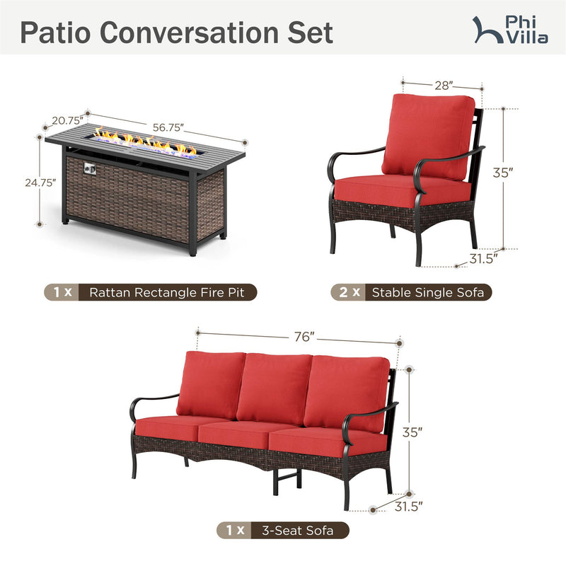 Phi Villa 5-Seater Outdoor Steel & Rattan Sofa Set With Rectangle Fire Pit Table