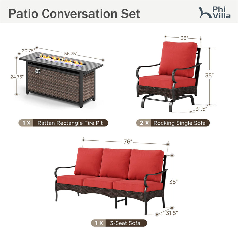 Phi Villa 5-Seater Outdoor Steel & Rattan Sofa Set With Rectangle Fire Pit Table