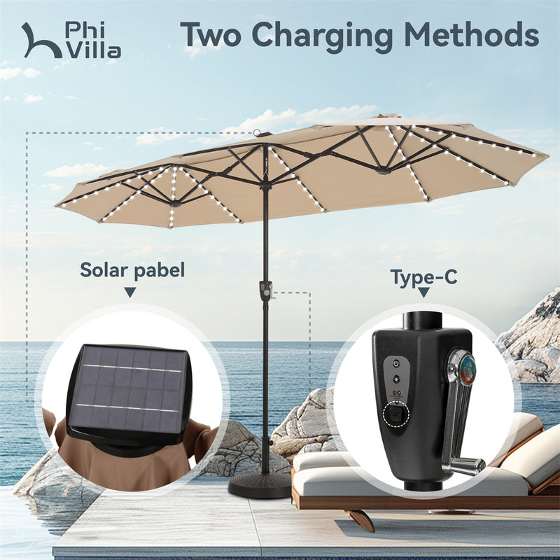 PHI VILLA 13Ft Double-Sided Umbrella - Solar Powered LED Lights, Adjustable Crank, and Durable Construction