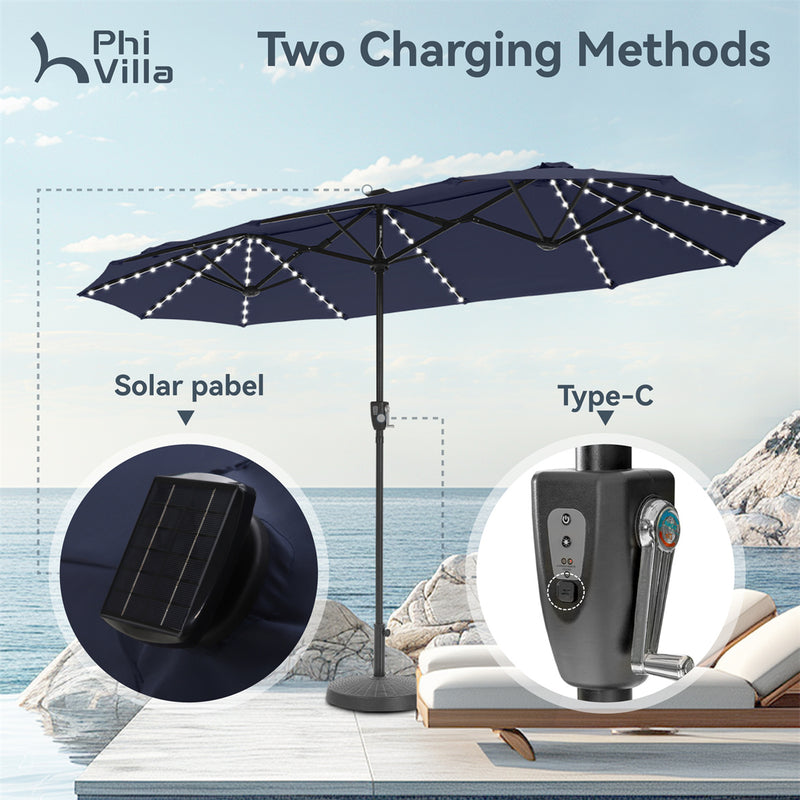 PHI VILLA 13Ft Double-Sided Umbrella - Solar Powered LED Lights, Adjustable Crank, and Durable Construction
