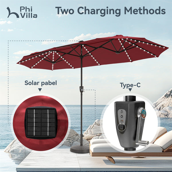 double vented patio umbrella solar lights 13ft Solar Double-Sided Patio Twin Umbrella with Led Lights