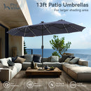 PHI VILLA 13Ft Double-Sided Umbrella - Solar Powered LED Lights, Adjustable Crank, and Durable Construction