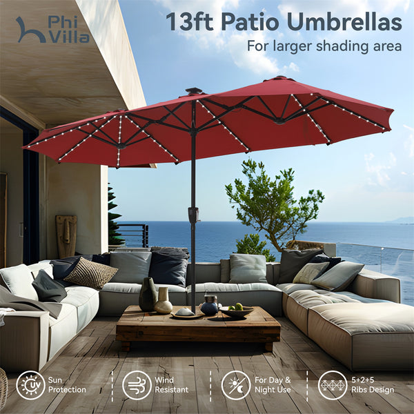 13ft Solar Double-Sided Patio Twin Umbrella with Led Lights