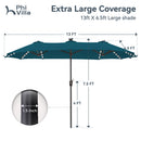 PHI VILLA 13Ft Double-Sided Umbrella - Solar Powered LED Lights, Adjustable Crank, and Durable Construction