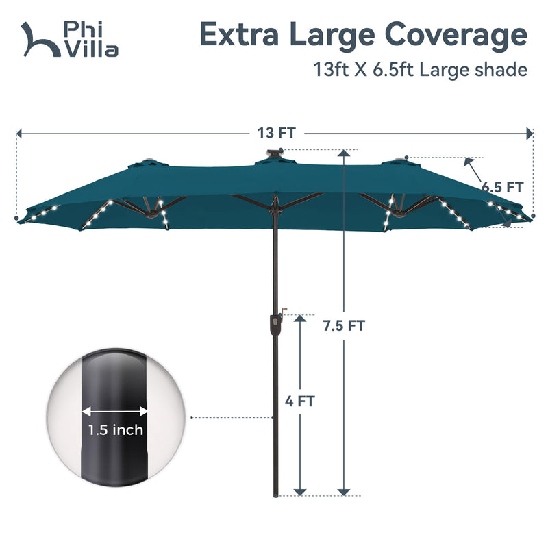 PHI VILLA 13Ft Double-Sided Umbrella - Solar Powered LED Lights, Adjustable Crank, and Durable Construction