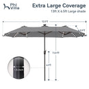 PHI VILLA 13Ft Double-Sided Umbrella - Solar Powered LED Lights, Adjustable Crank, and Durable Construction