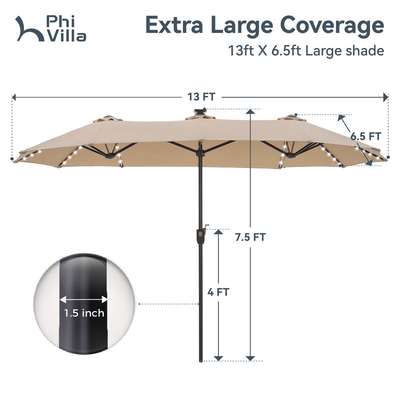 PHI VILLA 13Ft Double-Sided Umbrella - Solar Powered LED Lights, Adjustable Crank, and Durable Construction