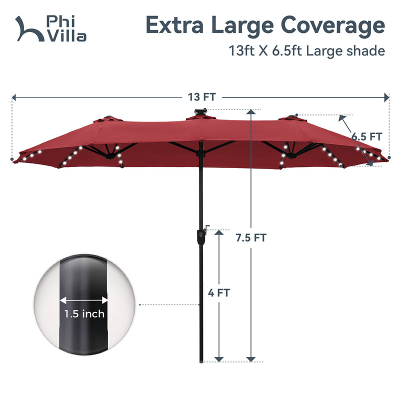 PHI VILLA 13Ft Double-Sided Umbrella - Solar Powered LED Lights, Adjustable Crank, and Durable Construction