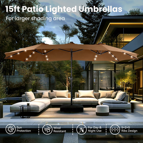 15ft Solar Double-Sided Patio Extra Large Twin Umbrella with Led Lights and Base