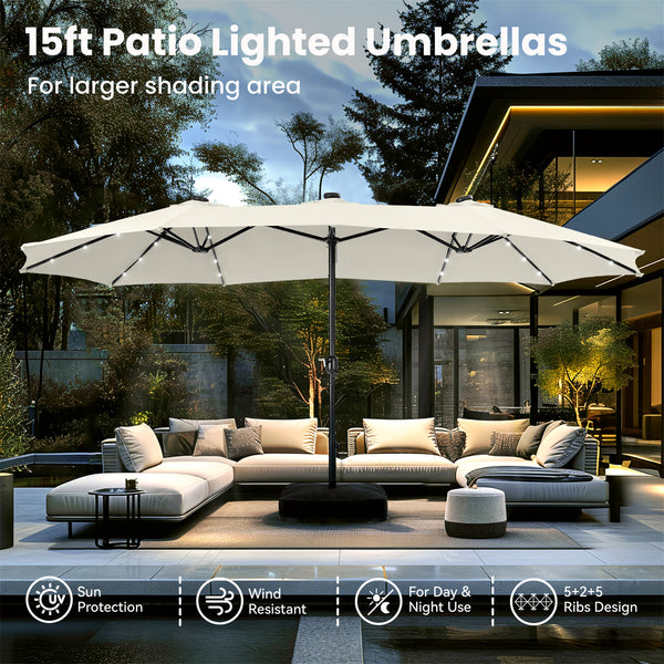 15ft Solar Double-Sided Patio Extra Large Twin Umbrella with Led Lights and Base