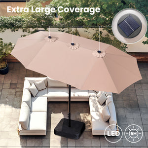 15ft Solar Double-Sided Patio Extra Large Twin Umbrella with Led Lights and Base
