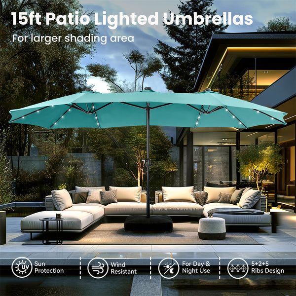 15ft Solar Double-Sided Patio Extra Large Twin Umbrella with Led Lights and Base