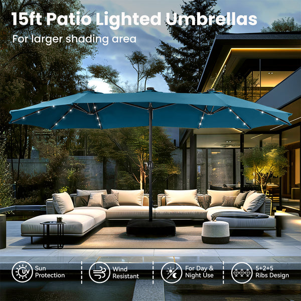 15ft Solar Double-Sided Patio Extra Large Twin Umbrella with Led Lights and Base