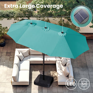 15ft Solar Double-Sided Patio Extra Large Twin Umbrella with Led Lights and Base