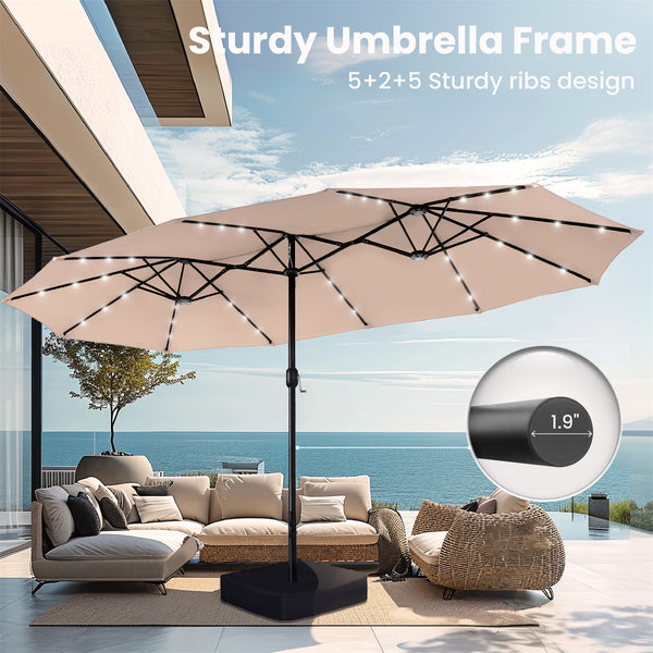 15ft Solar Double-Sided Patio Extra Large Twin Umbrella with Led Lights and Base