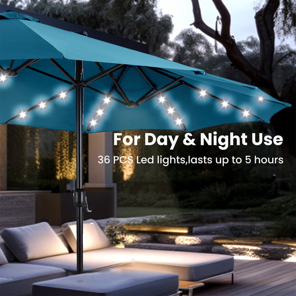 15ft Solar Double-Sided Patio Extra Large Twin Umbrella with Led Lights and Base