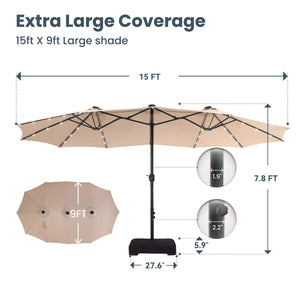 15ft Solar Double-Sided Patio Extra Large Twin Umbrella with Led Lights and Base