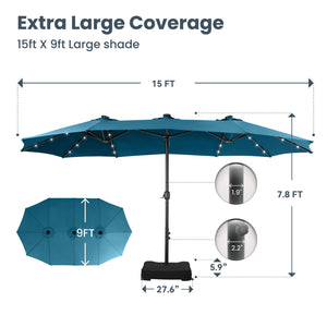 15ft Solar Double-Sided Patio Extra Large Twin Umbrella with Led Lights and Base