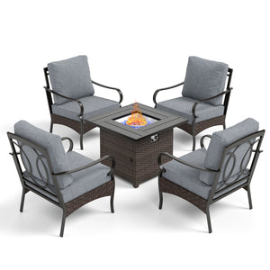 4-Seater Outdoor Metal and Rattan Cocoa Sofa Set with Square Fire Pit Table
