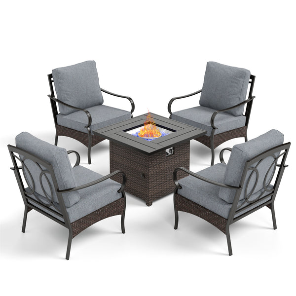 4-Seater Outdoor Metal and Rattan Cocoa Sofa Set with Square Fire Pit Table