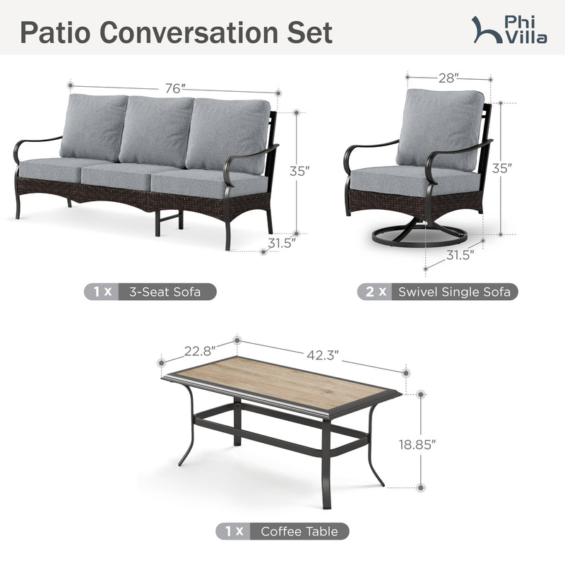 Phi Villa 5-Seater Outdoor Steel & Rattan Sofa Set With Coffee Table