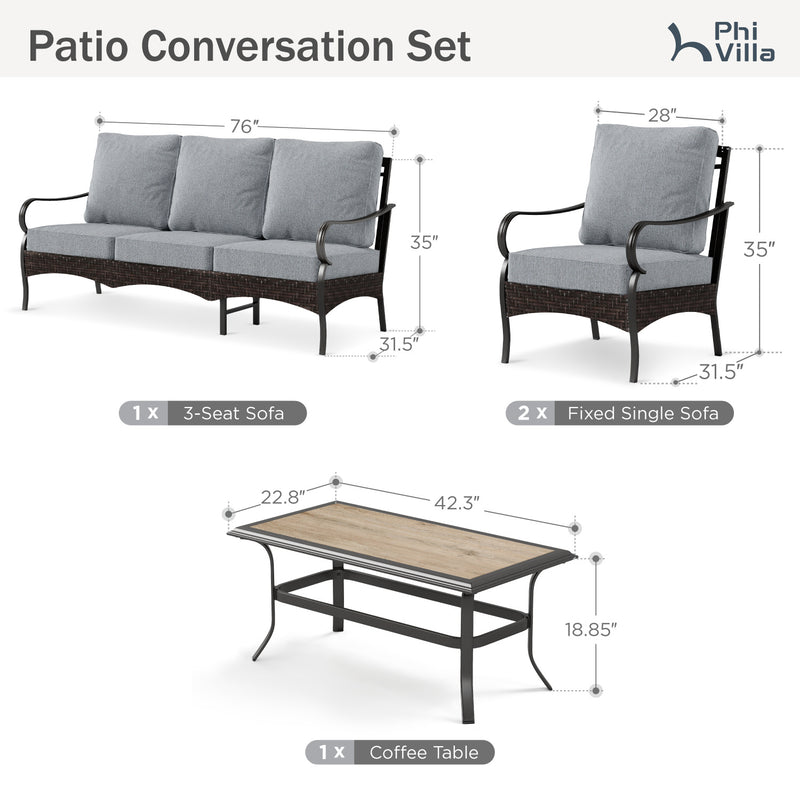 Phi Villa 5-Seater Outdoor Steel & Rattan Sofa Set With Coffee Table