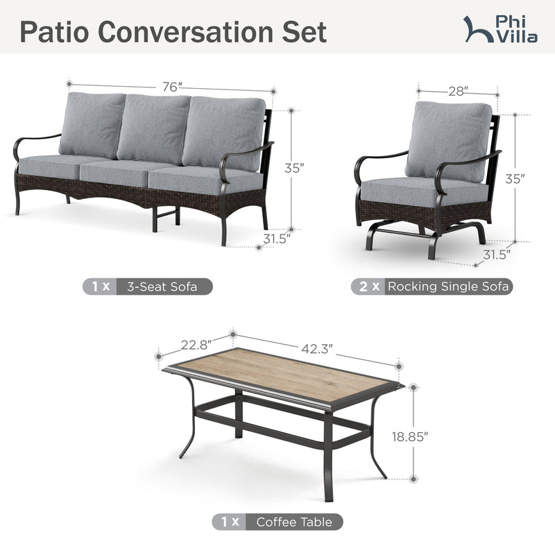 Phi Villa 5-Seater Outdoor Steel & Rattan Sofa Set With Coffee Table
