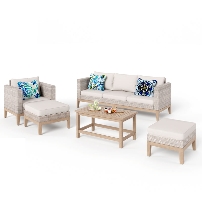 Phi Villa 5-Seater Patio Rattan & Acacia Wood Sofa Conversation Set