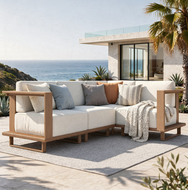 Solana Woodgrain HDPE Patio Modular Sectional Rattan Sofa Set