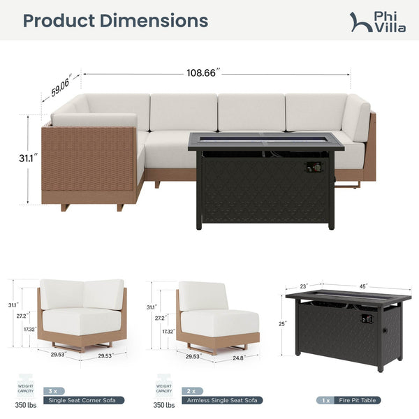 Alameda HDPE L-Shaped Modular Rattan Patio Sofa with Fire Pit Table