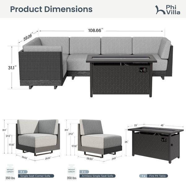 Alameda HDPE L-Shaped Modular Rattan Patio Sofa with Fire Pit Table