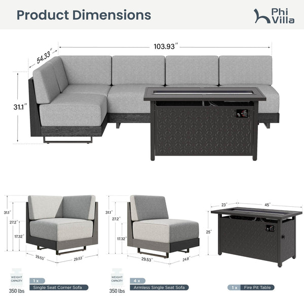 Alameda HDPE L-Shaped Modular Rattan Patio Sofa with Fire Pit Table