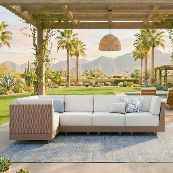 Alameda 4-Seater Woodgrain HDPE Garden Modular Sectional Rattan Sofa Set