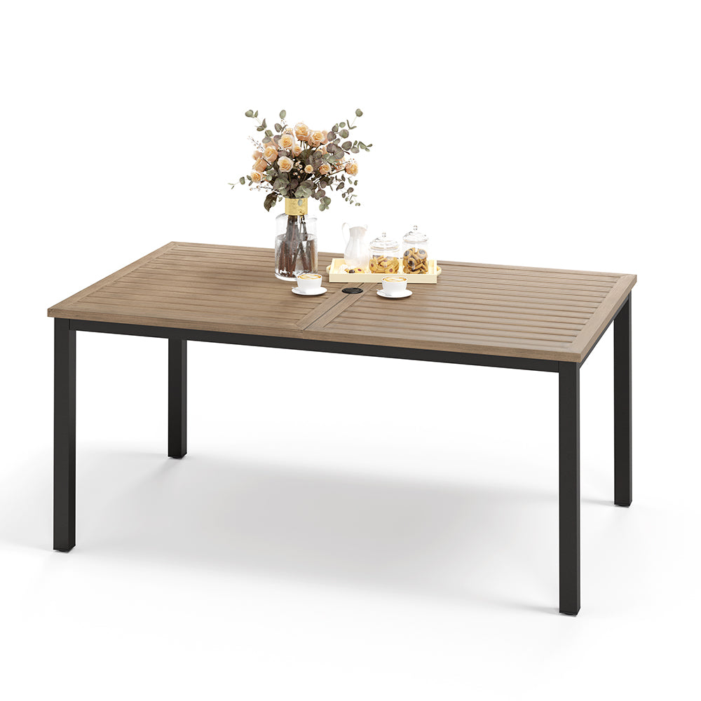 PHI VILLA Patio Wood-Like Rectangle Steel Dining Table