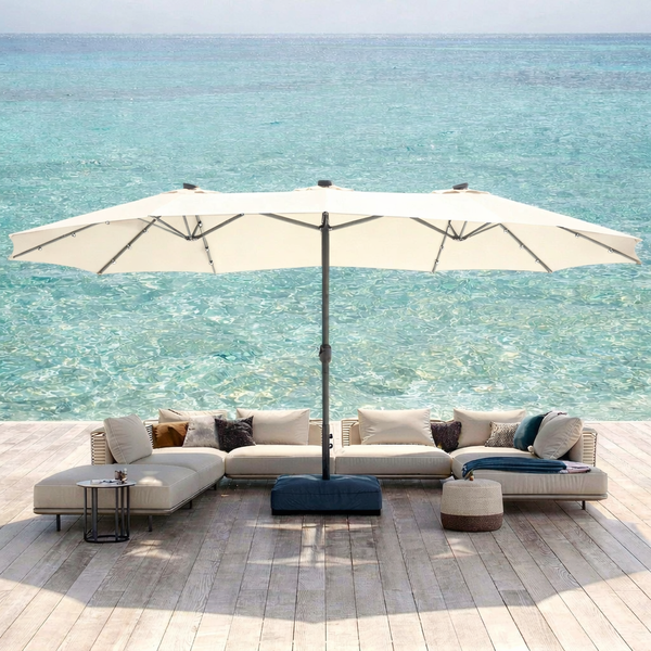 15ft Solar Double-Sided Patio Extra Large Twin Umbrella with Led Lights and Base
