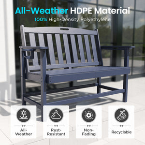 Wood-Grain HDPE Tranquil Garden Bench with Foldable Cup Holder