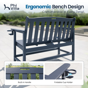 Wood-Grain HDPE Tranquil Garden Bench with Foldable Cup Holder