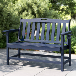 Wood-Grain HDPE Tranquil Garden Bench with Foldable Cup Holder