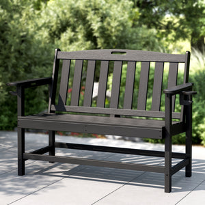 Wood-Grain HDPE Tranquil Garden Bench with Foldable Cup Holder