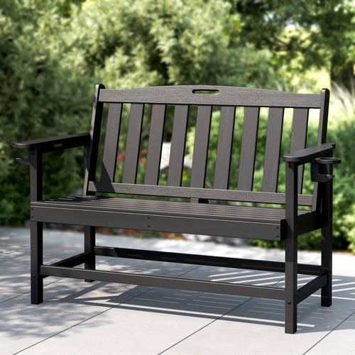 Wood-Grain HDPE Tranquil Garden Bench with Foldable Cup Holder