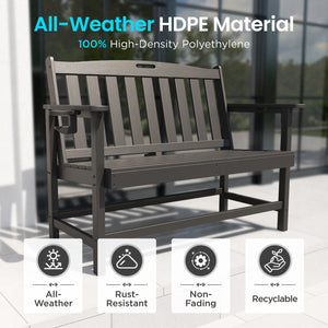 Wood-Grain HDPE Tranquil Garden Bench with Foldable Cup Holder