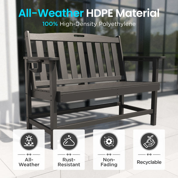 Wood-Grain HDPE Tranquil Garden Bench with Foldable Cup Holder