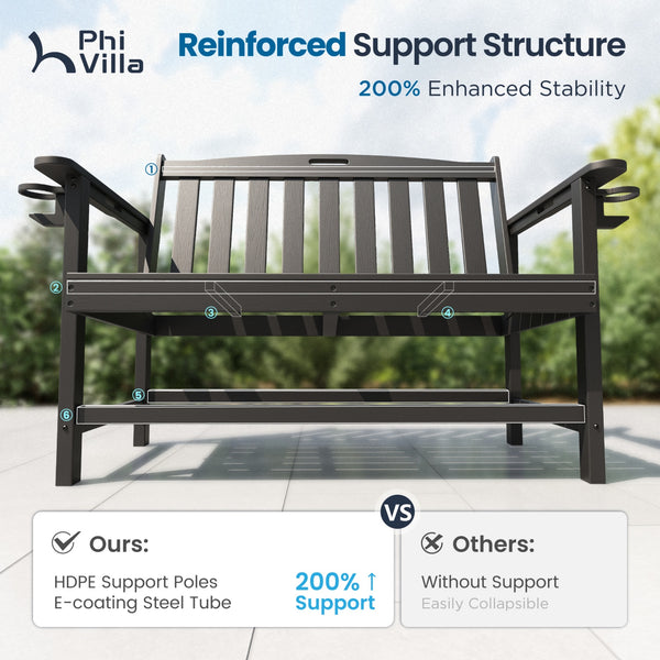 Wood-Grain HDPE Tranquil Garden Bench with Foldable Cup Holder